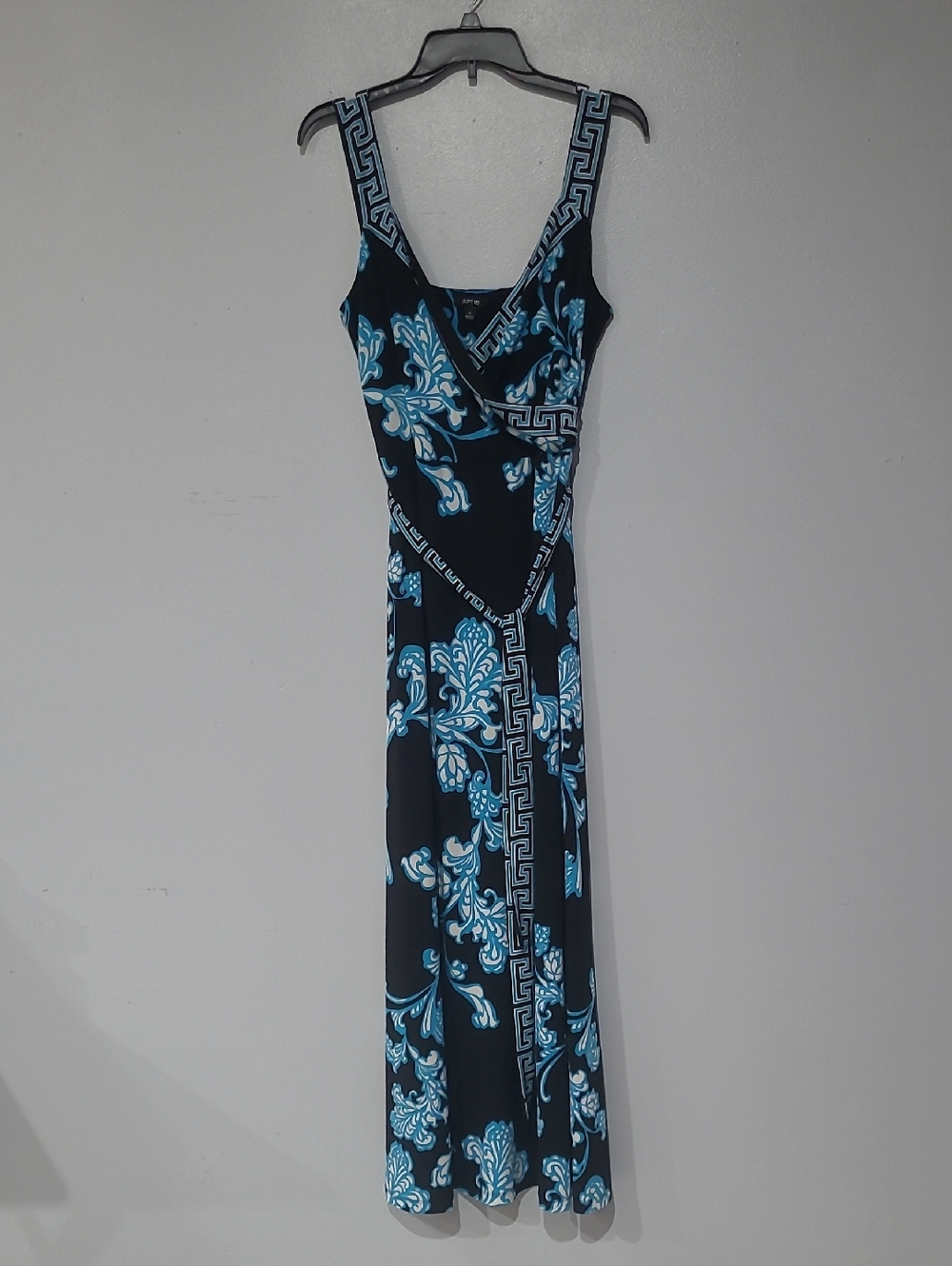 Apt. 9 Black and Turquiose Blue Floral Maxi Dress With Greek Key Accents